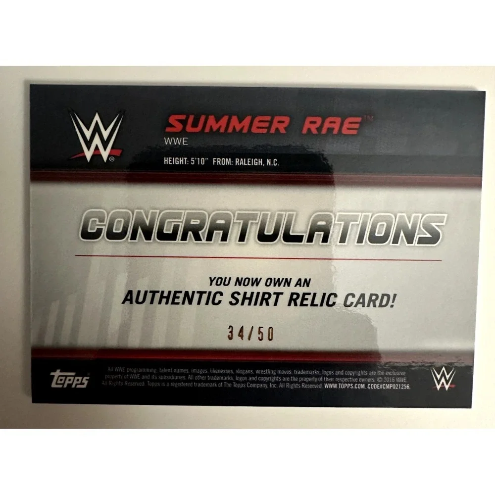 2016 Topps WWE Summer Rae Authentic Shirt Relic Card #34/50 Pro Wrestling RARE